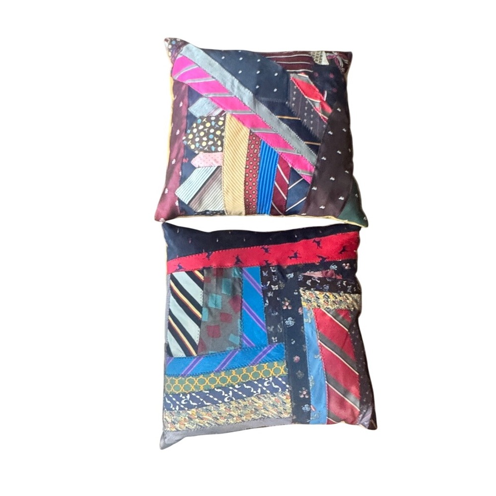 Vintage Silk Necktie Patchwork Throw Pillows Set of 2 Handmade Crazy Quilt 18x16